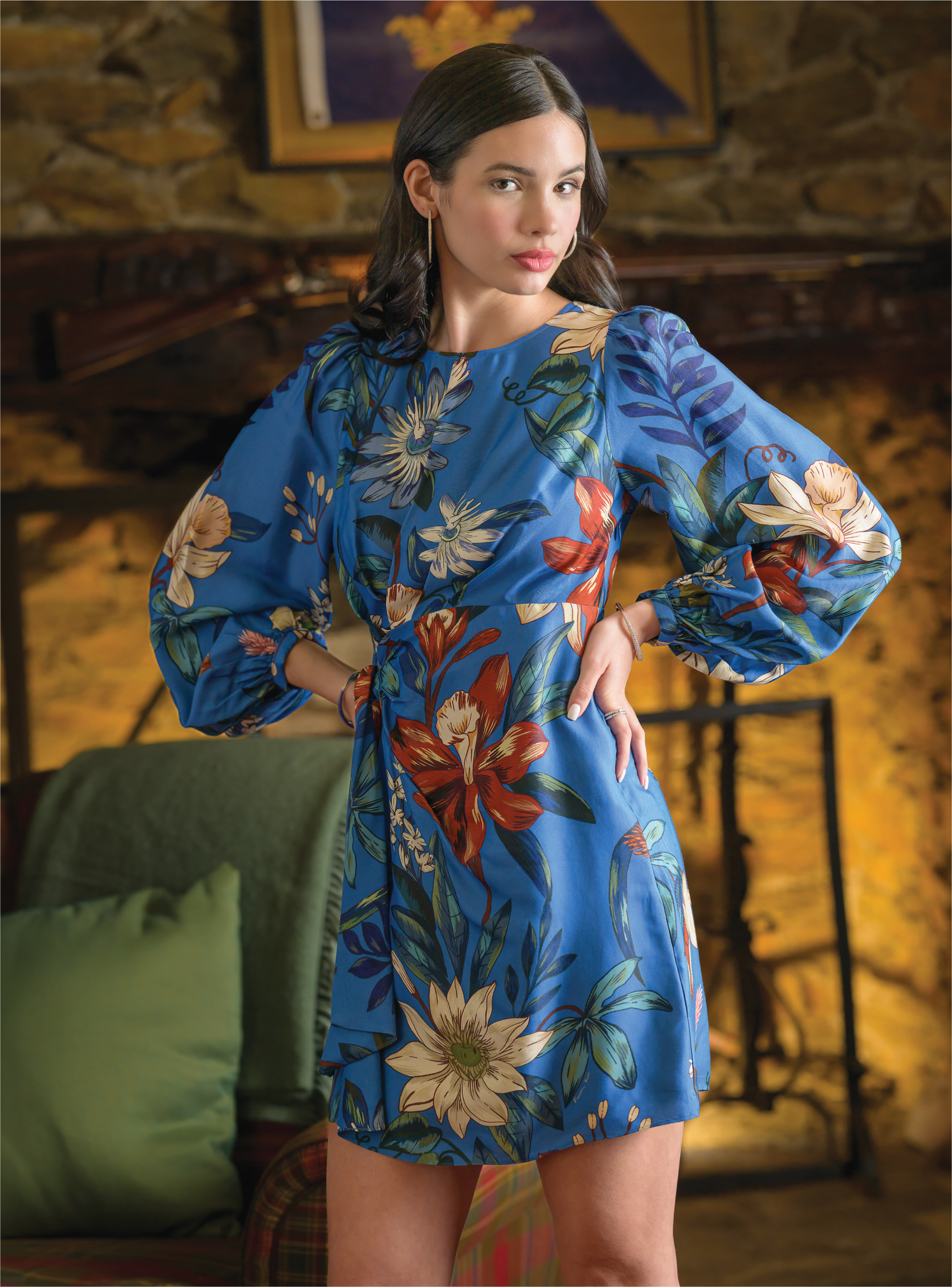 Farm Rio Surreal Flowers blue wrap mini dress ($270) from Peter Kate; all jewelry from REALM.