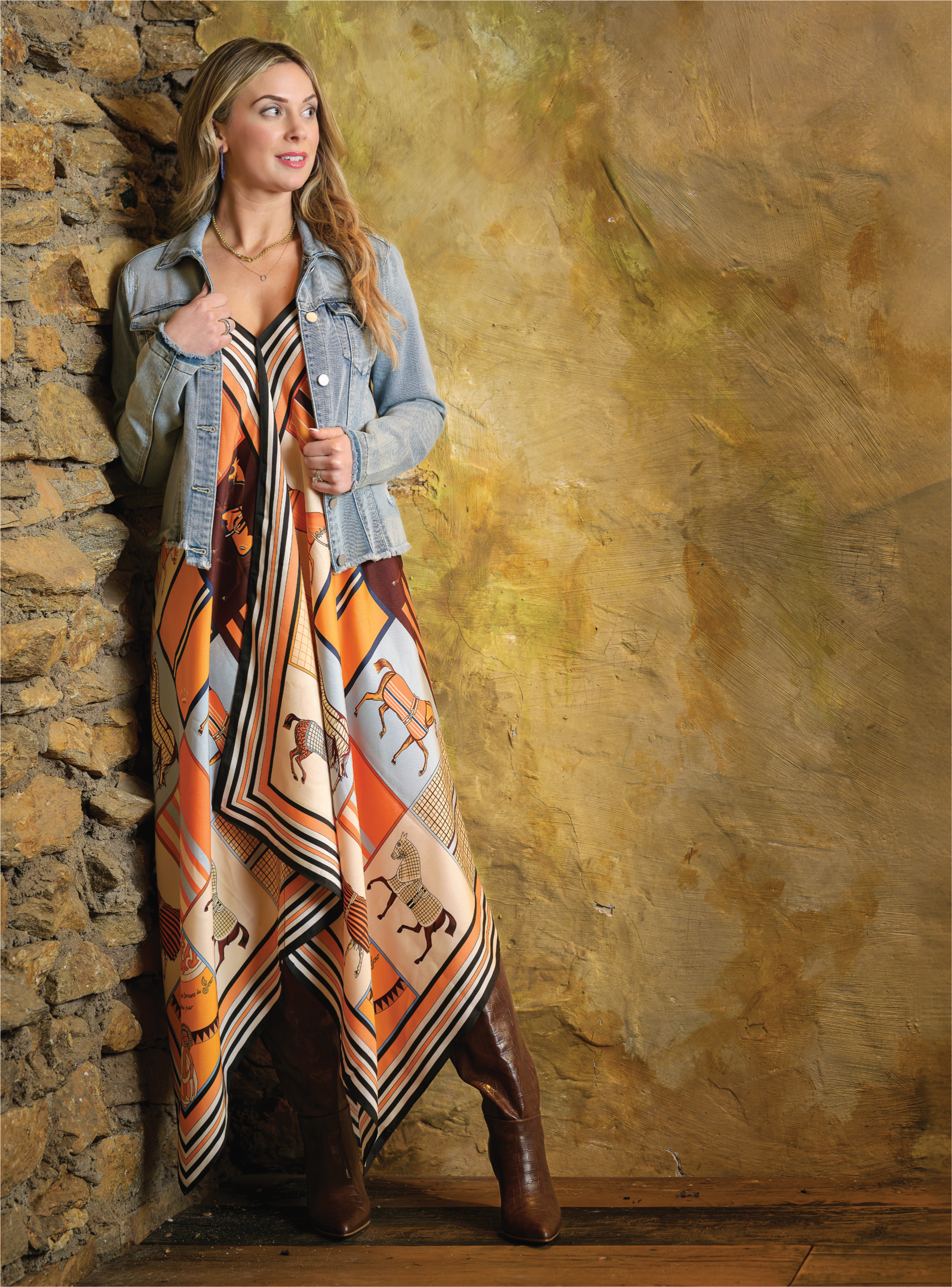 Stacy Bradley Design silk dress ($279) and light denim jacket ($335) from Vanner House; all jewelry from REALM.